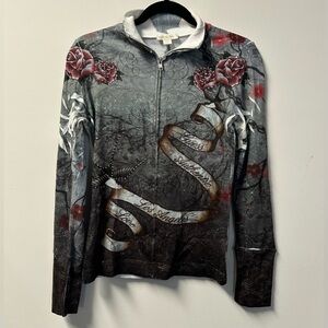 Y2K GUESS women's grey red rose rhinestone graphic full zip sweater, M.